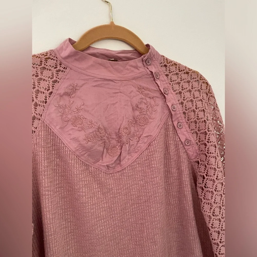 Free people sweetest thing thermal knit high neck long sleeve top size xs pink